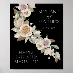 Dusty Rosa Peach Flowy Botanical Black Bröllop Poster