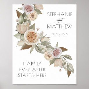 Dusty Rosa Peach Flowy Botaniska Blommigten Bröllo Poster