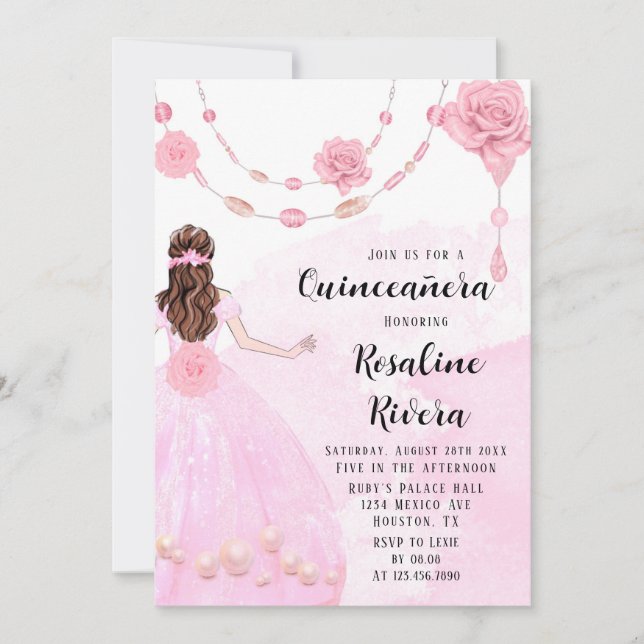 Dusty Rosa Pearls Flora Girl Quinceanera Birthday Inbjudningar (Framsida)