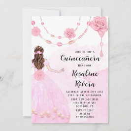 Dusty Rosa Pearls Flora Girl Quinceanera Birthday Inbjudningar