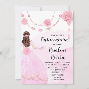 Dusty Rosa Pearls Flora Girl Quinceanera Birthday Inbjudningar