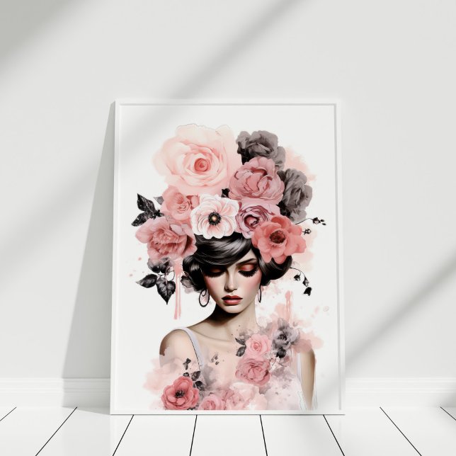 Dusty Rosa Peonies Blommigt Mode Porträtt Poster (Dusty Pink Peonies Floral Fashion Portrait Poster in a white frame)