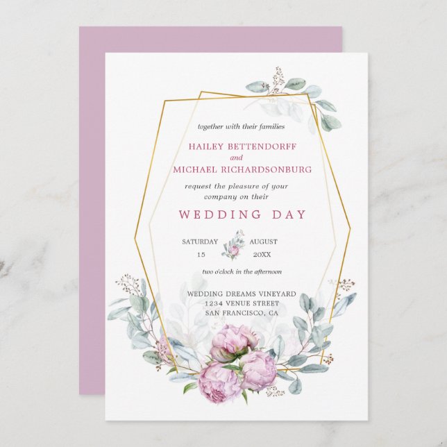 Dusty Rosa Peonies Geometric Guld Ram Bröllop Inbjudningar (Fram/baksida)