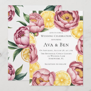 Dusty Rosa Peonies och Lemon Bröllop Firande Inbjudningar