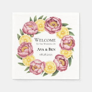 Dusty Rosa Peonies och Lemon Bröllop Pappra Tallri Pappersservett