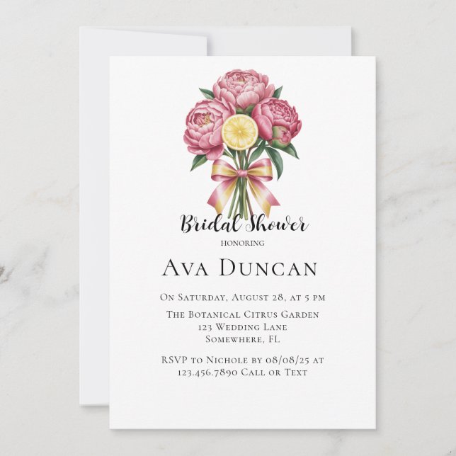 Dusty Rosa Peonies och Lemon Möhippa Inbjudningar (Framsida)