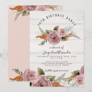 Dusty Rosa Peony Blommigt Rustic Wood Födelsedagsf Inbjudningar
