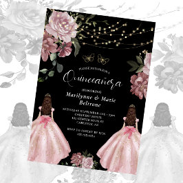 Dusty Rosa Princess Blommigt Twillingars Quinceañe Inbjudningar