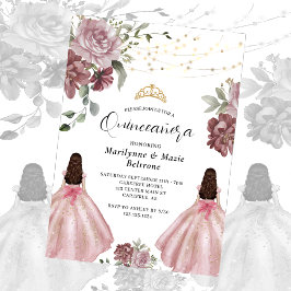 Dusty Rosa Princess Blommigt Twillingars Quinceañe Inbjudningar