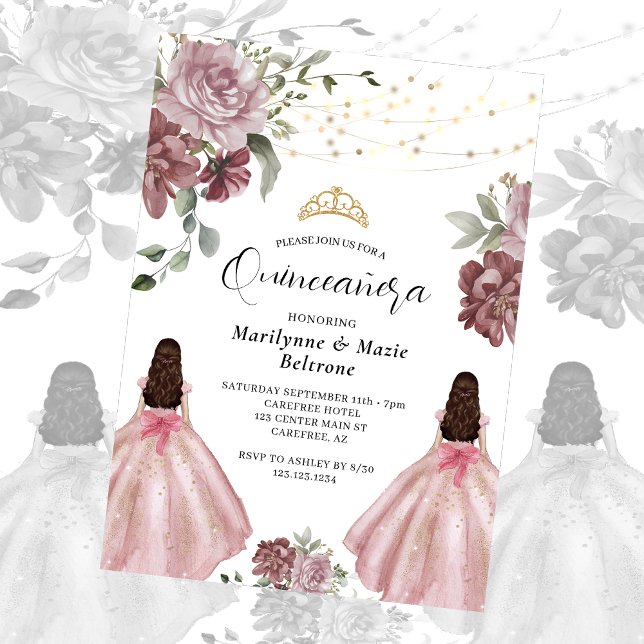 Dusty Rosa Princess Blommigt Twillingars Quinceañe Inbjudningar (Skapare uppladdad)