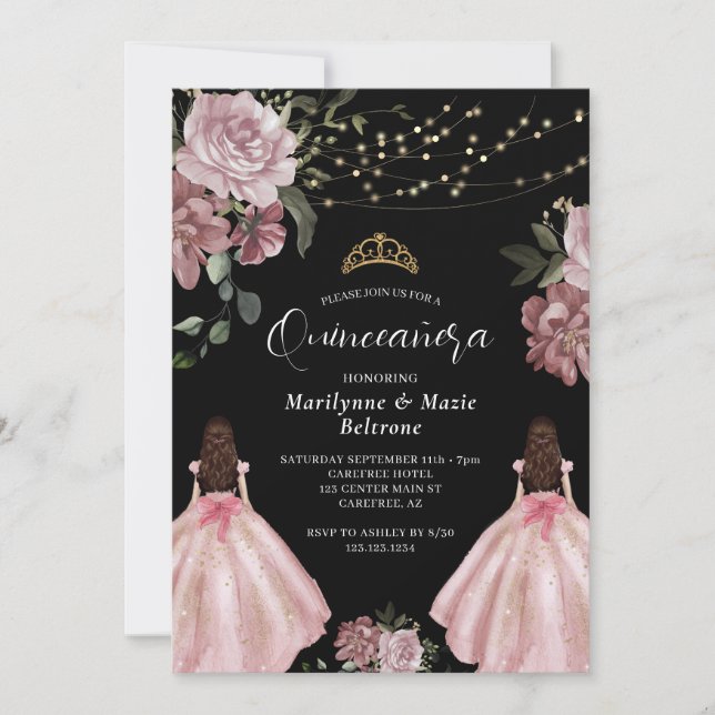 Dusty Rosa Princess Blommigt Twillingars Quinceañe Inbjudningar (Framsida)