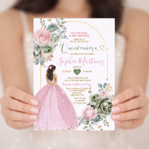 Dusty Rosa Princess Dress Sage Blommigt Quiñceaner Inbjudningar