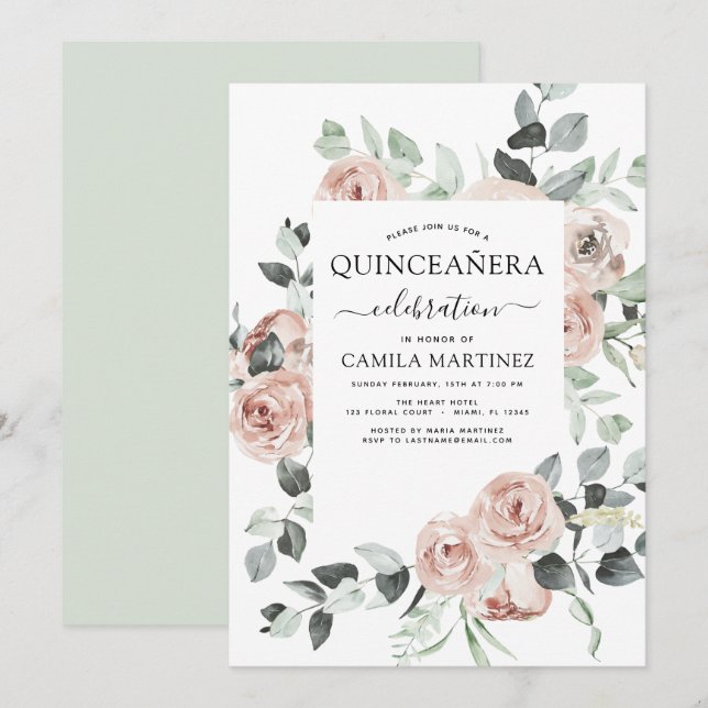 Dusty Rosa Quinceañera Blommigt Greenery-inbjudan Inbjudningar (Fram/baksida)