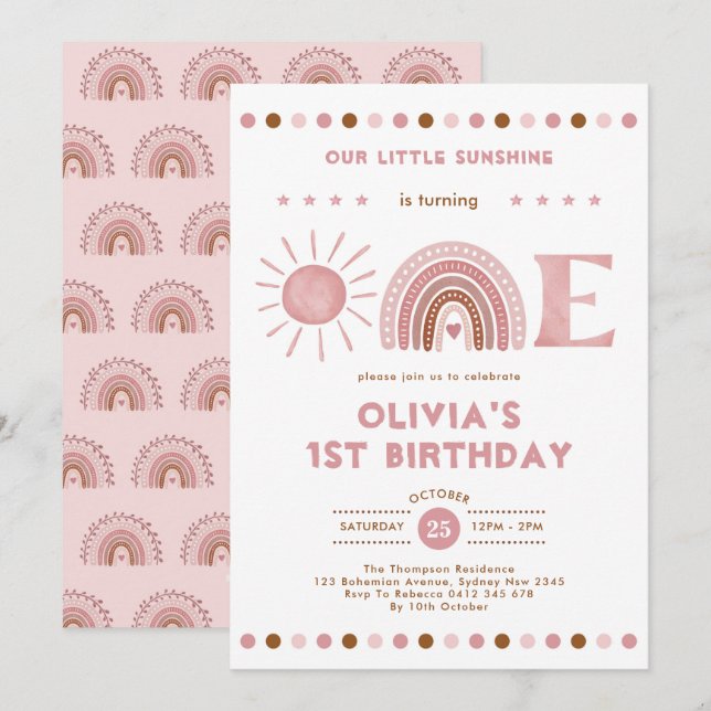 Dusty Rosa Rainbow & Sunshine Girl 1st Birthday Inbjudningar (Fram/baksida)