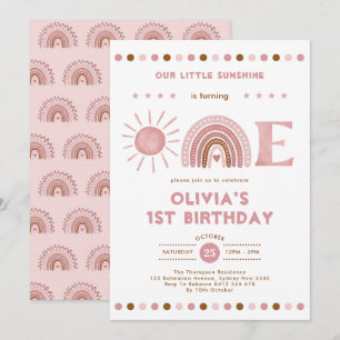 Dusty Rosa Rainbow & Sunshine Girl 1st Birthday Inbjudningar