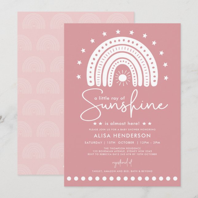 Dusty Rosa Ray of Sunshine Boho Girl Baby Shower Inbjudningar (Fram/baksida)