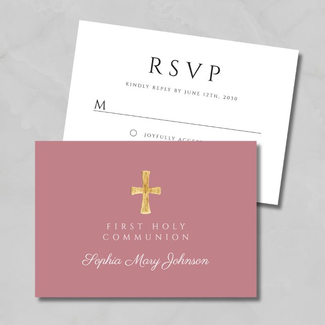 Dusty Rosa Religiösa Kor Girl First Communion OSA Kort (Dusty Pink Religious Cross Girl First Communion RSVP Card)