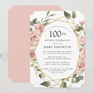 Dusty Rosa ros Blommigt 100:e Födelsedagsfesten Inbjudningar