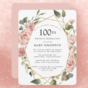 Dusty Rosa ros Blommigt 100:e Födelsedagsfesten Inbjudningar