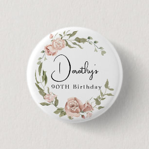 Dusty Rosa ros Blommigt 90:e födelsedag Knapp