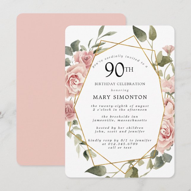 Dusty Rosa ros Blommigt 90:e Födelsedagsfest Inbjudningar (Fram/baksida)