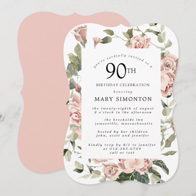 Dusty Rosa ros Blommigt 90:e Födelsedagsfest Inbjudningar (Fram/baksida)