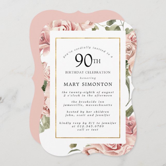 Dusty Rosa ros Blommigt 90:e Guld Födelsedagsfest Inbjudningar (Fram/baksida)