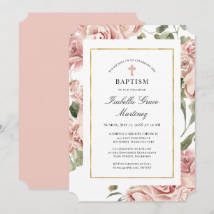 Dusty Rosa ros Blommigt Elegant Baptism Inbjudningar