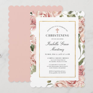 Dusty Rosa ros Blommigt Elegant Christening Inbjudningar