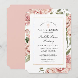 Dusty Rosa ros Blommigt Elegant Christening Inbjudningar