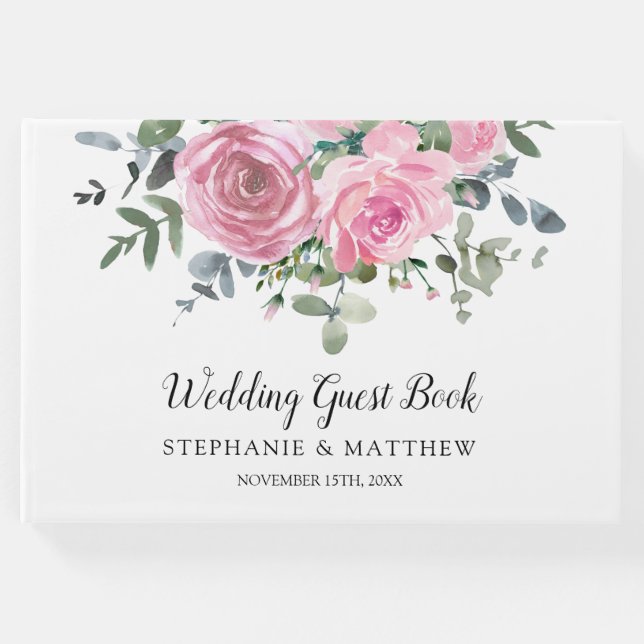 Dusty Rosa ros Eucalyptus Botanical Bröllop Gästböcker (Framsida)