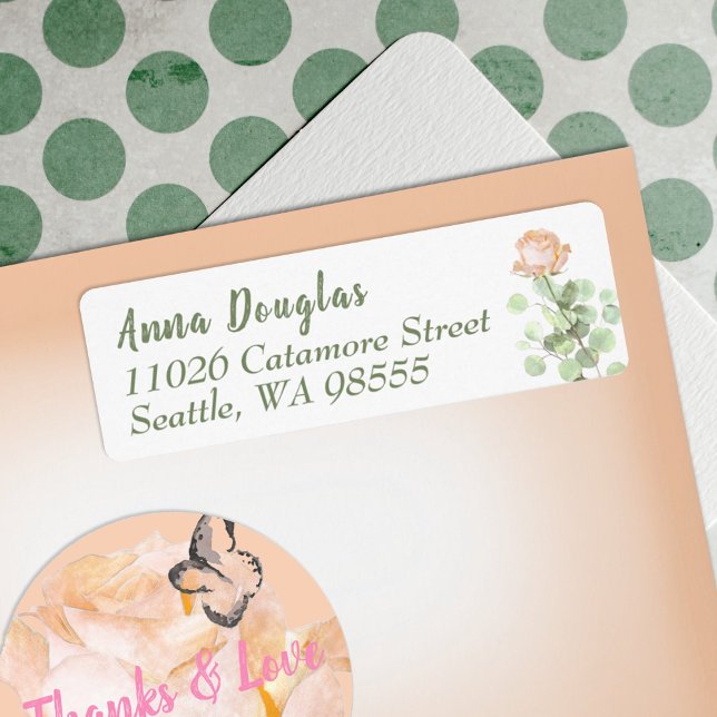 Dusty Rosa ros Eucalyptus Returadress Returadress Etikett (dusty peach roses botanical return address label personalized stationary grad graduate floral pink)