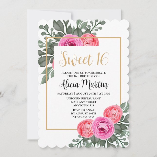 Dusty Rosa ros Flora Greenery Guld Sweet 16 Inbjudningar (Framsida)