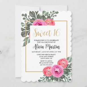 Dusty Rosa ros Flora Greenery Guld Sweet 16 Inbjudningar