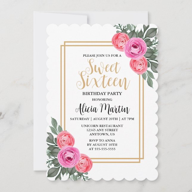Dusty Rosa ros Greenery Botanical Guld Sweet 16 Inbjudningar (Framsida)