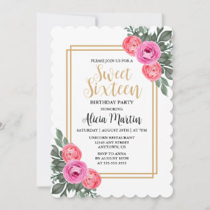 Dusty Rosa ros Greenery Botanical Guld Sweet 16 Inbjudningar