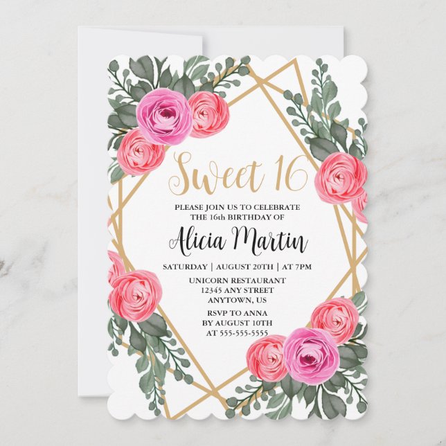 Dusty Rosa ros Greenery Flora Guld Sweet 16 Inbjudningar (Framsida)