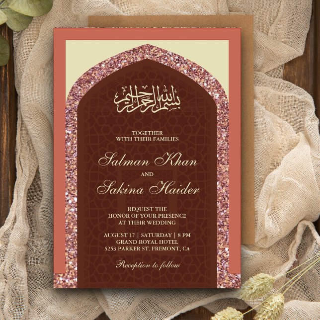 Dusty Rosa ros Guld Glitter Mihrab Muslim Bröllop Inbjudningar (Skapare uppladdad)