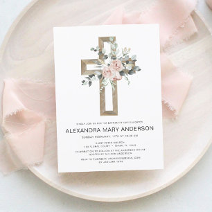 Dusty Rosa ros Guld Kor Blommigt Baptism Inbjudningar