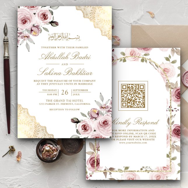 Dusty Rosa ros Guld Snöre QR-koden Muslim Bröllop Inbjudningar (Skapare uppladdad)