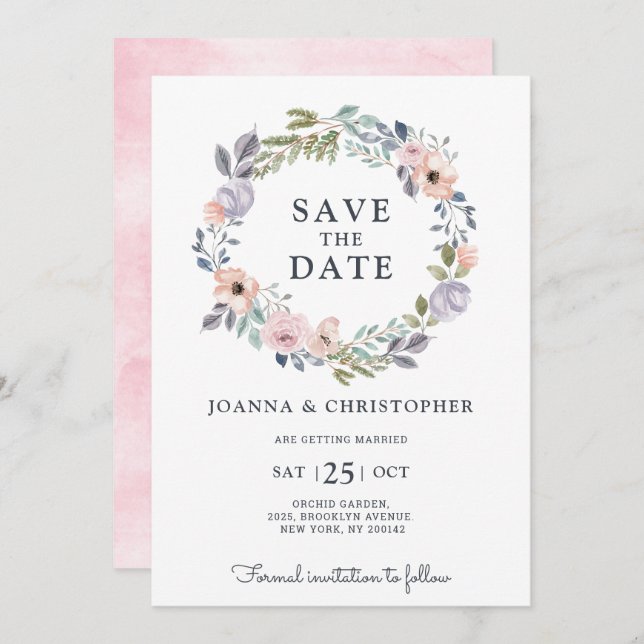 Dusty Rosa ros Midsommar-Blommigten Spara datum Inbjudningar (Fram/baksida)