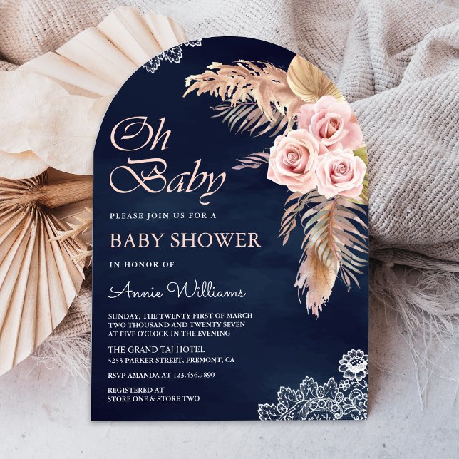 Dusty Rosa ros Pampas Grass Navy Arch Baby Shower Inbjudningar (Skapare uppladdad)