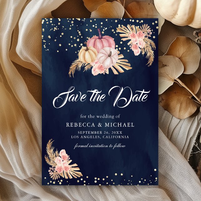 Dusty Rosa ros Pumpkin Pampas Navy Bröllop Spara Datumet (Skapare uppladdad)