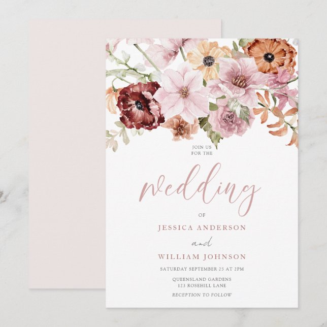 Dusty Rosa ros Watercolor Blommigt Bröllop Inbjudningar (Fram/baksida)