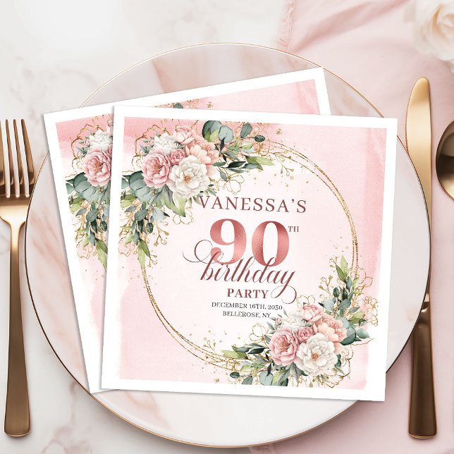 Dusty Rosa Roséguld Blommig 90-årsfest   Pappersservett (Dusty Pink Rose Gold Floral 90th Birthday Party Napkins)