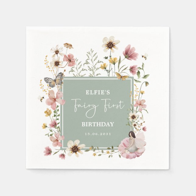 Dusty Rosa Sage Wildblomma Fairy 1st Birthday Pappersservett (Framsidan)