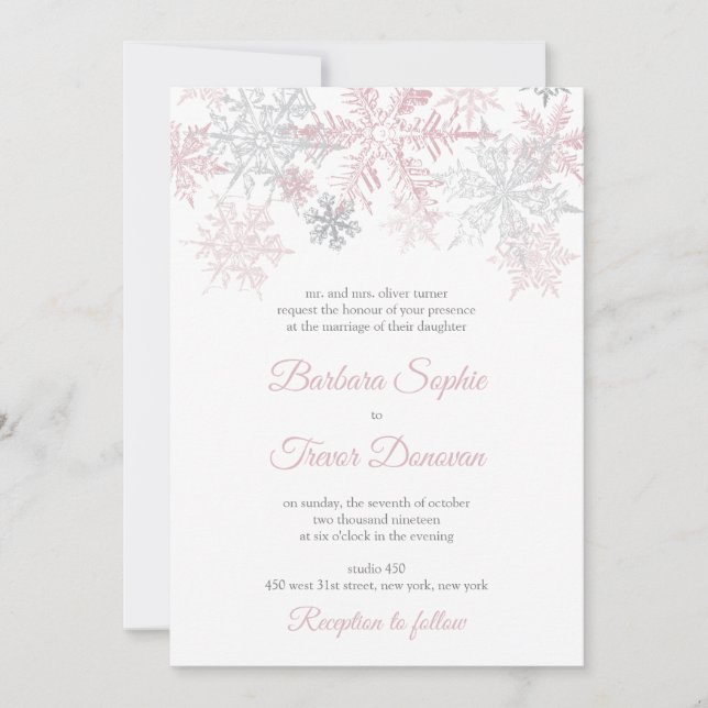 Dusty Rosa & Silver Snöflingor Winter Wedding Inbjudningar (Framsida)