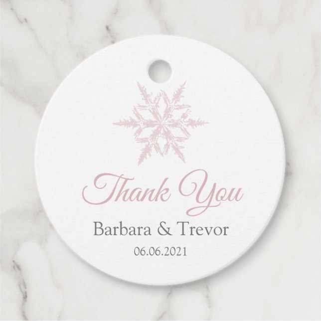 Dusty Rosa Snöflingor Winter Wedding Tack Gåvor Etiketter (Framsida)