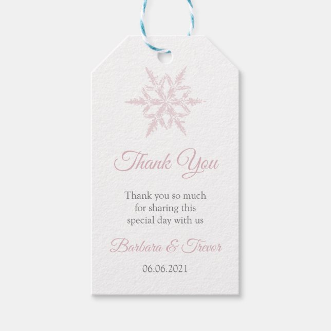 Dusty Rosa Snöflingor Winter Wedding Tack Presentetikett (Framsidan)