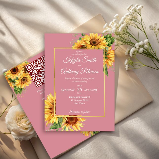 Dusty rosa solros elegant bröllop qr osa inbjudningar (Dusty pink sunflower elegant wedding invitation cards with RSVP template instant download)